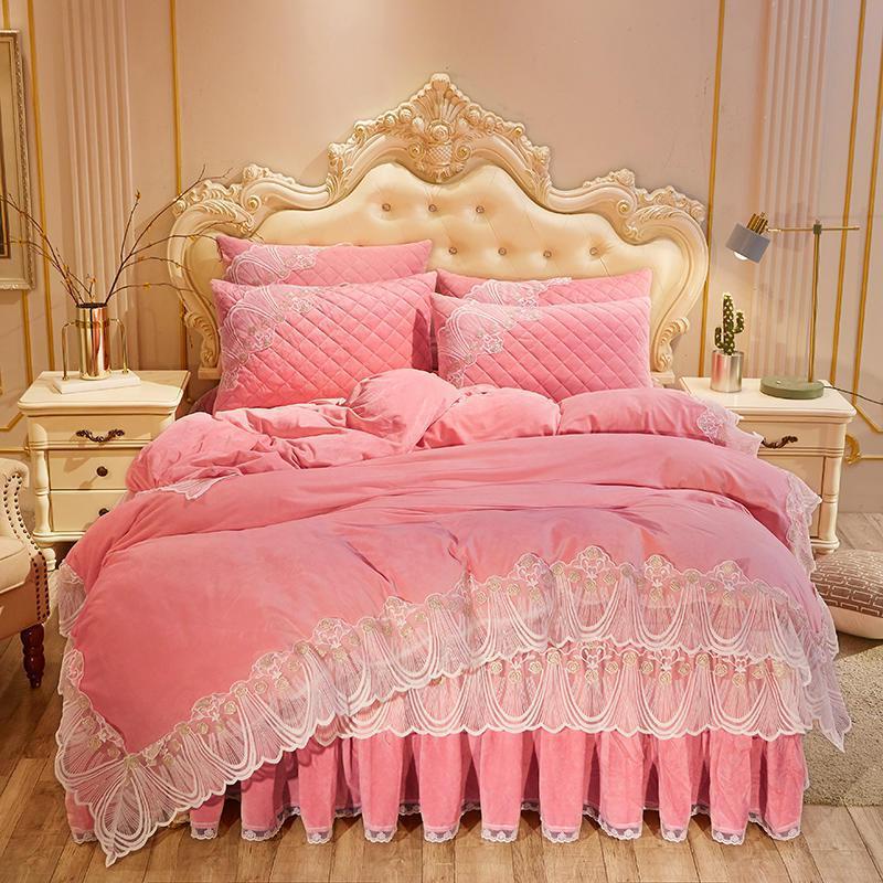 Crystal Velvet Quilted Bed Dress Four-piece Warm Lace Embroidered Lace