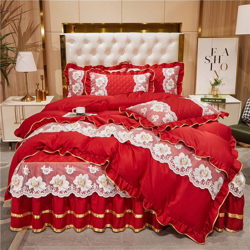 Princess Style Lace Bed Skirt Tencel Four-piece Suit