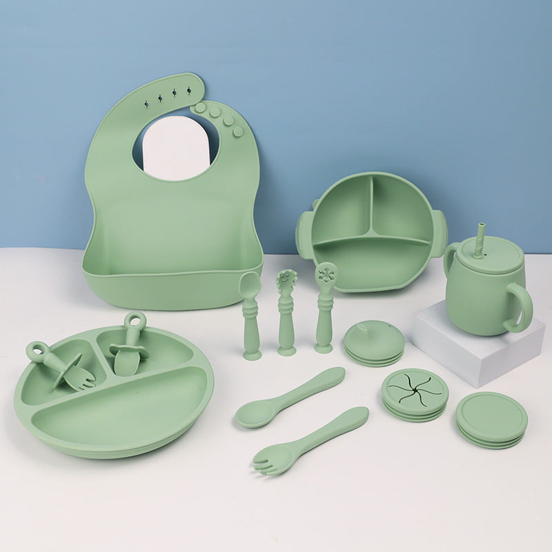 Ensemble de vaisselle en silicone pour enfants, alimentation pour bébé, vaisselle solide, bavoir, bol à ventouse, cuillère, assiette, bavoir, ensemble de 15 pièces