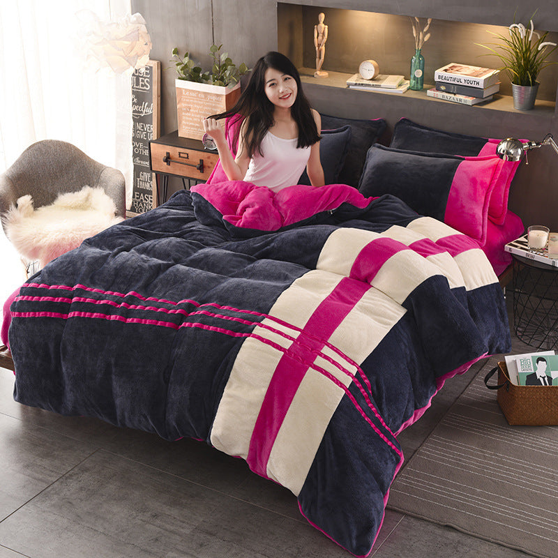 Four-piece Set Of Thickened Color Matching Striped French Velvet Sheets For Autumn And Winter