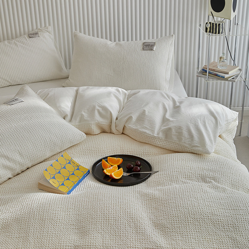 Simple White Waffle Wash Cotton Bed Four Piece Set