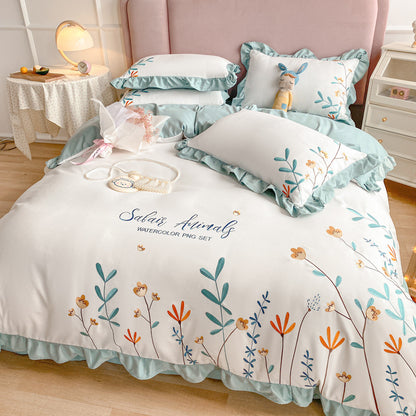 Four-piece Embroidered Quilt Cover For Washed Cotton Bed