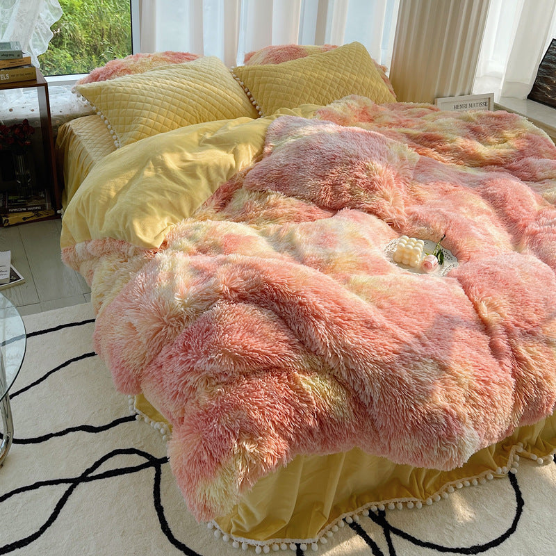 Housse de couette en laine longue quatre pièces en fourrure de vison d'hiver en fibre de lait, velours corail, double face, peluche, doublée de polaire, jupe de lit matelassée, style princesse