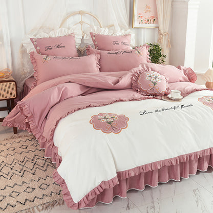 Summer Ruffled Cotton Four-piece Set Girl Heart Embroidery Flower Quilt Cover