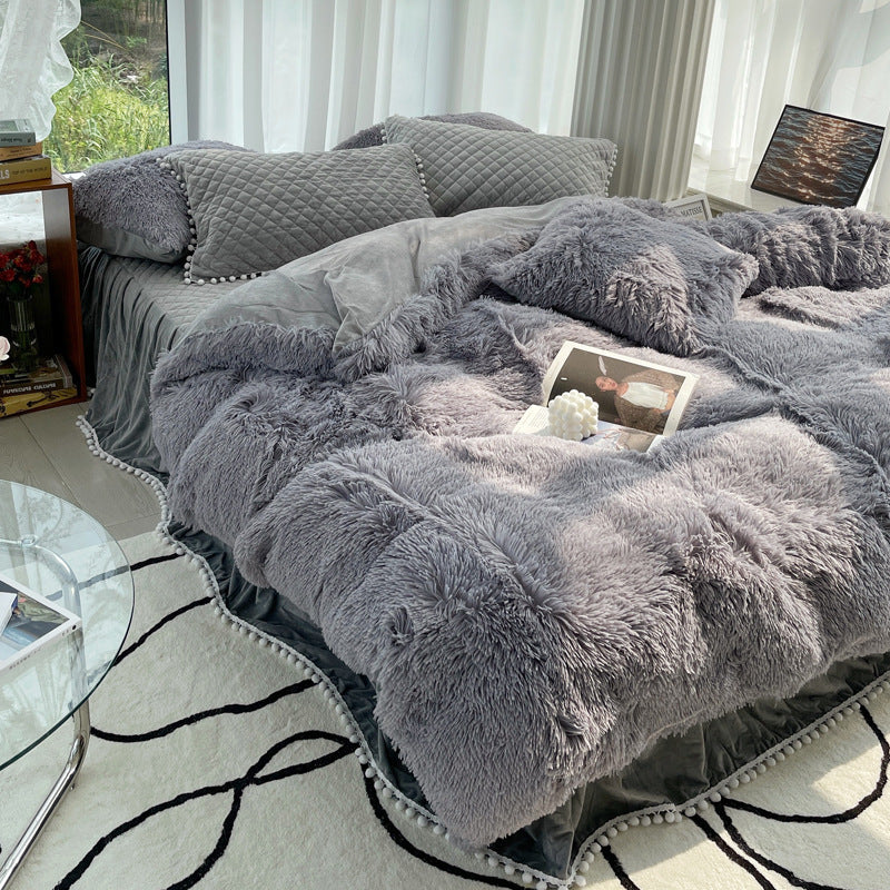 Housse de couette en laine longue quatre pièces en fourrure de vison d'hiver en fibre de lait, velours corail, double face, peluche, doublée de polaire, jupe de lit matelassée, style princesse