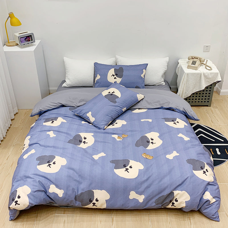 Ensemble de quatre pièces en coton pour fille, housse de couette en pur coton et lin avec motif de cœur et dessin animé