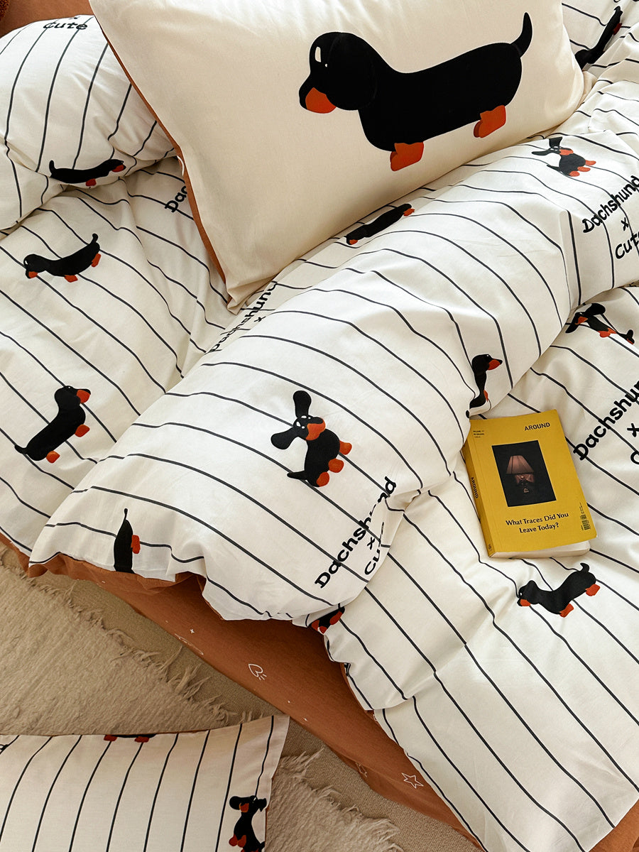 Cartoon Puppy Striped Four-piece Cotton Bedding Set