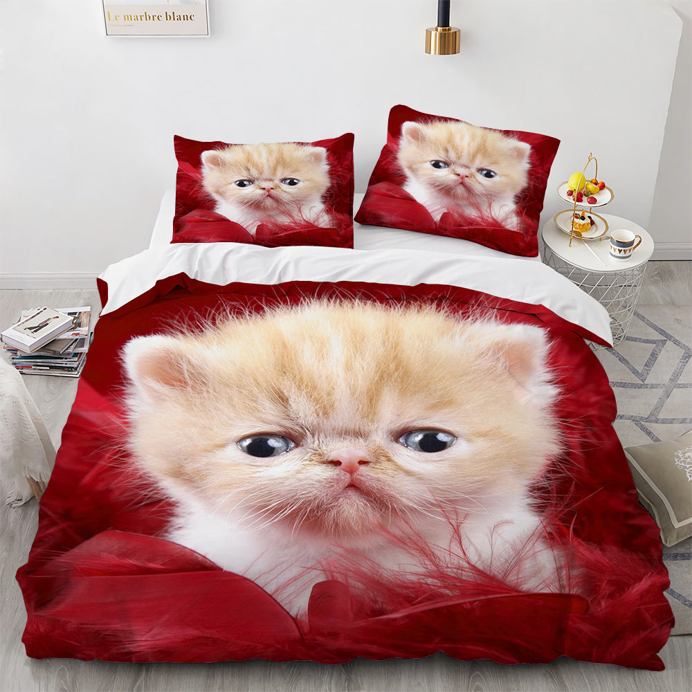 Parure de lit blanche avec housse de couette confortable pour chambre de fille et de femme, motif chat mignon