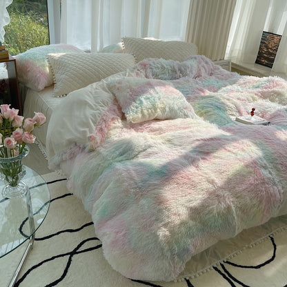 Housse de couette en laine longue quatre pièces en fourrure de vison d'hiver en fibre de lait, velours corail, double face, peluche, doublée de polaire, jupe de lit matelassée, style princesse