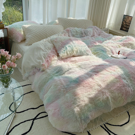 Milk Fiber Winter Mink Fur Bed Four-piece Long Wool Quilt Cover Coral Velvet Double-sided Plush Fleece-lined Quilted Bed Skirt Princess Style