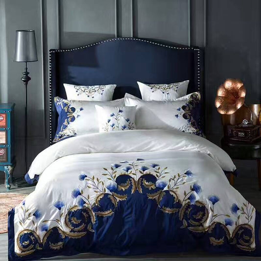 Housse de couette en coton quatre pièces avec broderie florale en satin des années 60