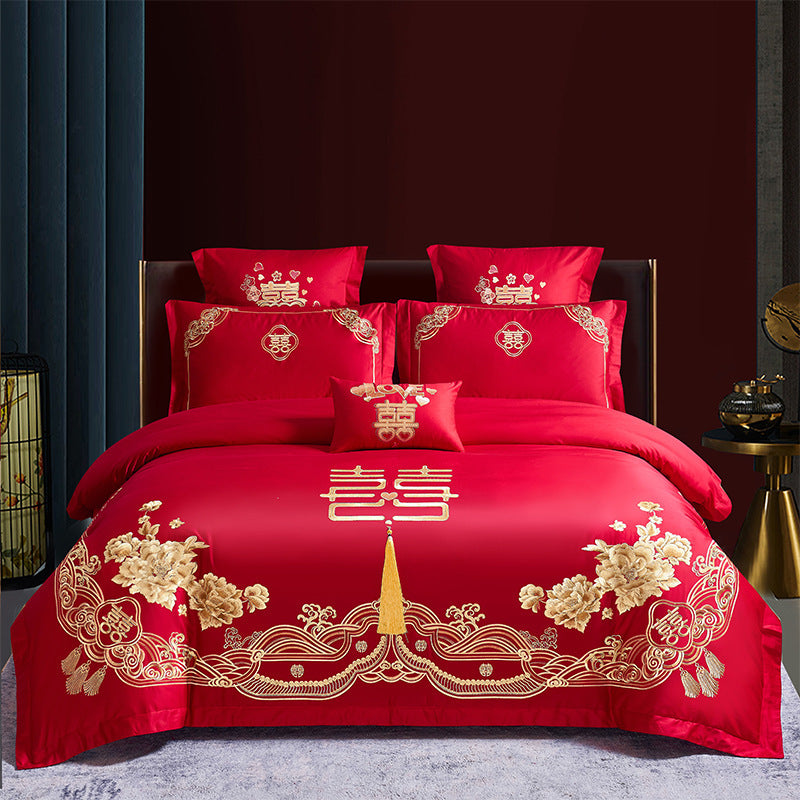 Red Wedding Four-piece Set Wholesale Cotton Wedding Embroidery Bedding Pure Cotton Marriage Bed Xi Quilt Cover Dragon And Phoenix