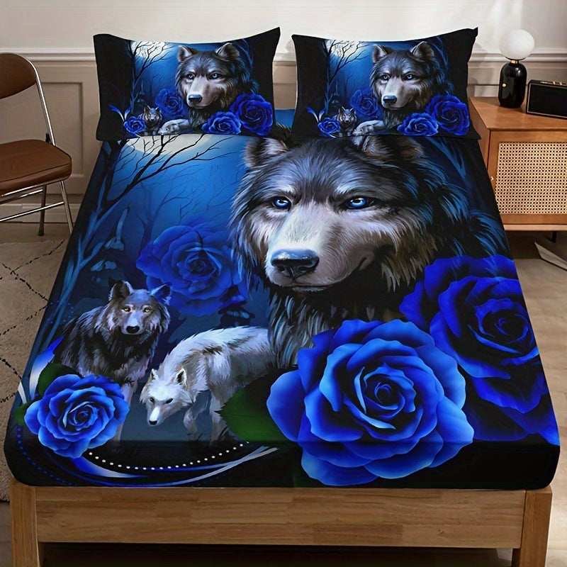 Wolf Blue Rose Pattern Three-piece Bed Sheet Set Bedroom Guest Room School Dormitory