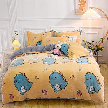 Four-piece Set Of Printed Thick Warm Coral Fleece Sheets