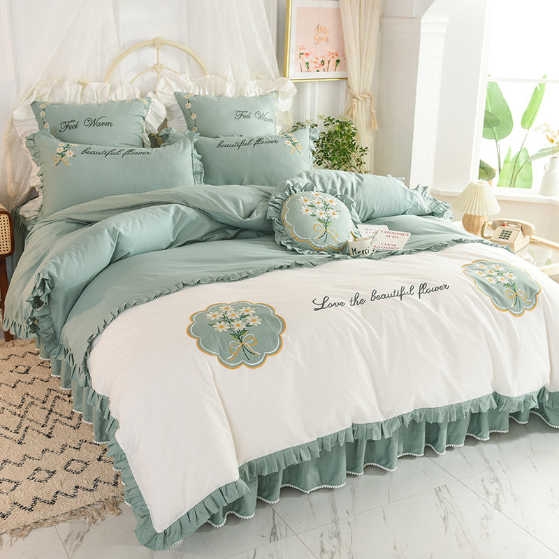 Summer Ruffled Cotton Four-piece Set Girl Heart Embroidery Flower Quilt Cover