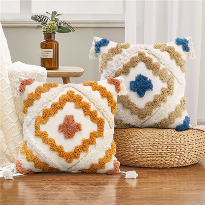 Geometric Pattern Colorful Tufted Tassel Decoration Pillow Cover