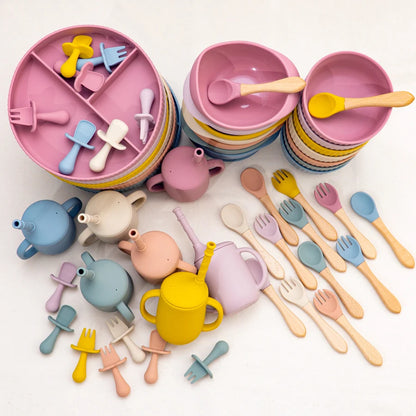 Ensemble de bols et assiettes en silicone pour bébé, ustensiles de cuisine antidérapants, ventouse, tasse à boire, fourchette, cuillère, vaisselle pour enfants, sans BPA