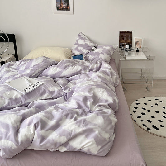 Parure de lit simple en coton délavé avec housse de couette et drap de lit en forme de nuage, ensemble de quatre pièces