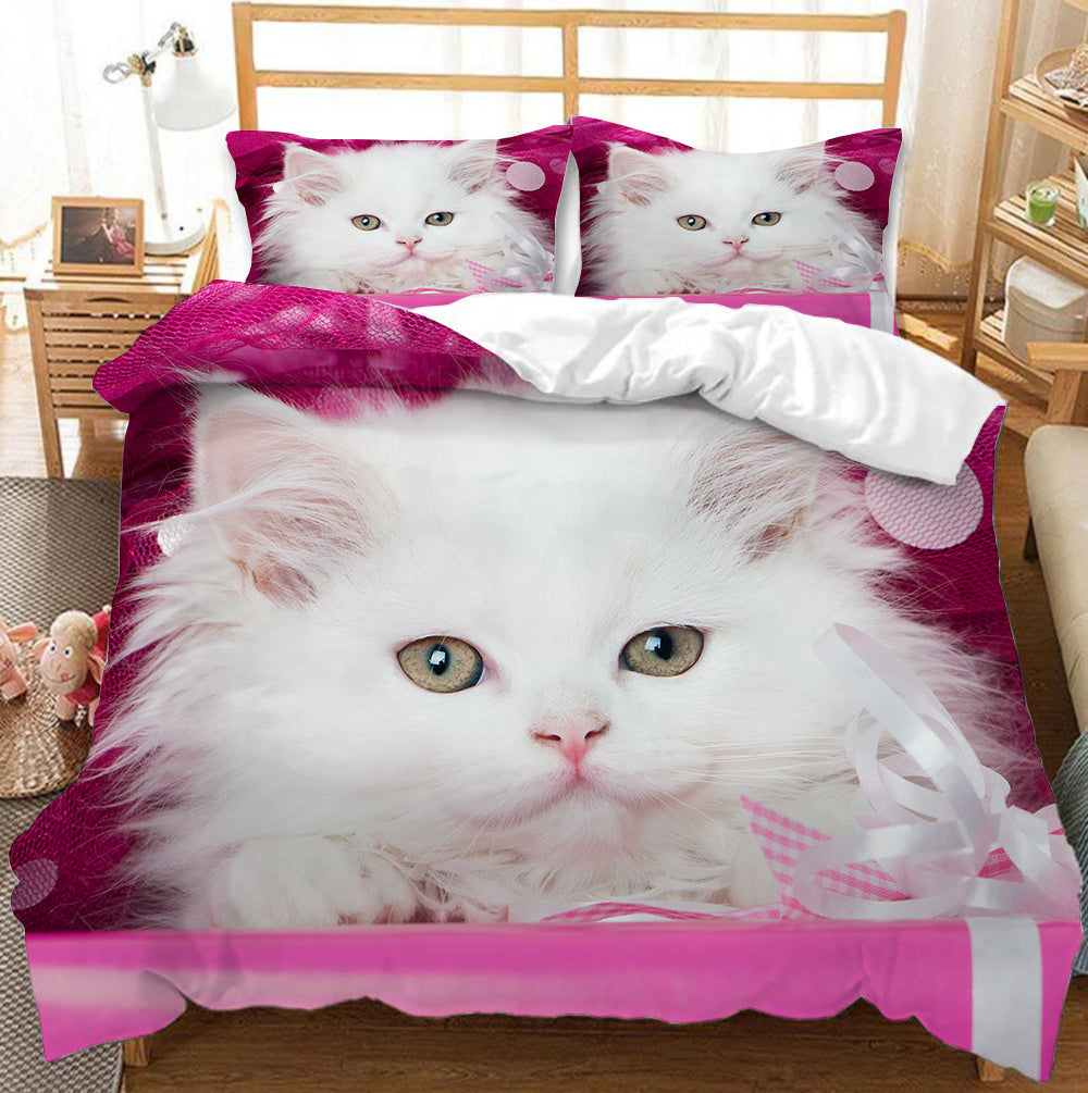 Parure de lit blanche avec housse de couette confortable pour chambre de fille et de femme, motif chat mignon