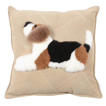 Coussin en laine et peau de vache avec dessin animé de chien