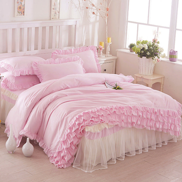 Falda de cama de encaje estilo princesa, estilo colcha, cuatro piezas, color sólido, encaje