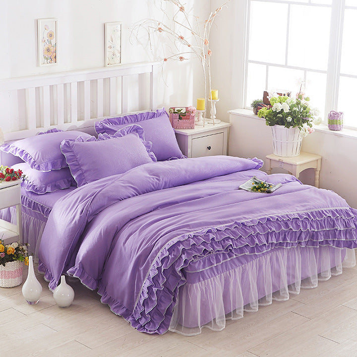 Falda de cama de encaje estilo princesa, estilo colcha, cuatro piezas, color sólido, encaje