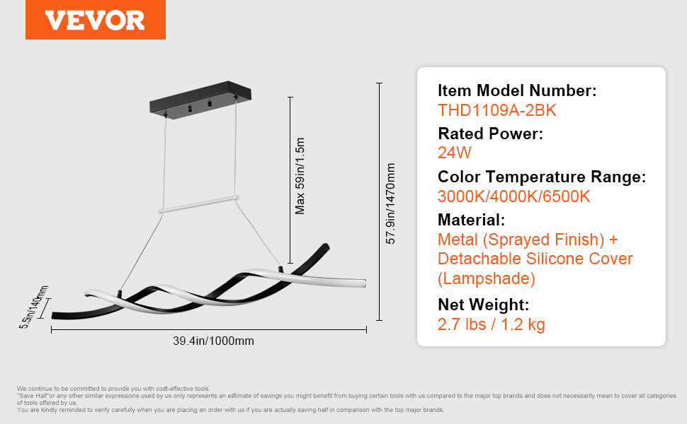 VEVOR Lustre moderne à LED 24 W avec télécommande et abat-jour en silicone pour salle à manger